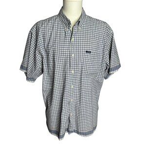 Chaps Button Down Short Sleeve Camp Shirt XL Blue White Checkered Cotton Pocket